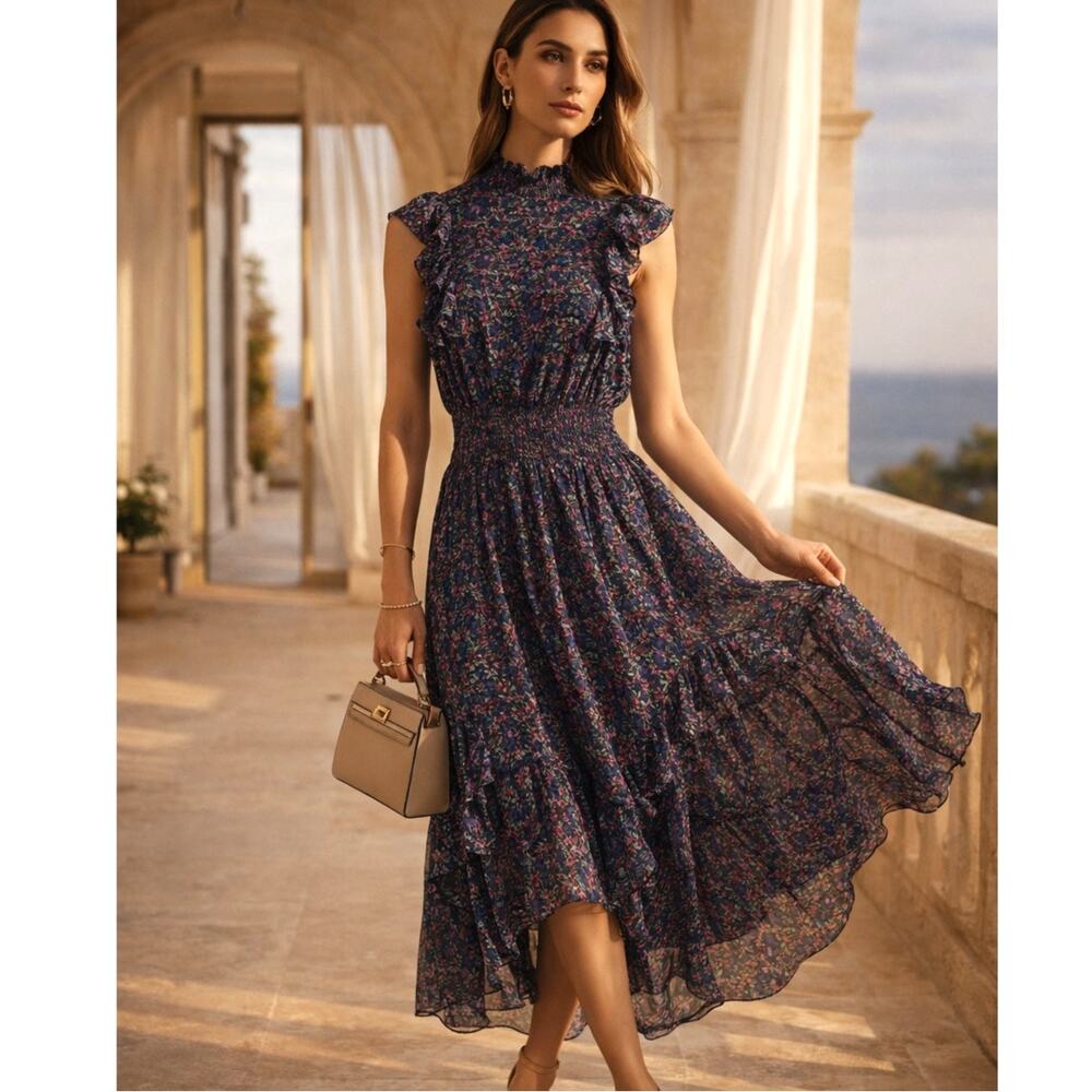 Lulus Floral Small Midi Dress Smocked Waist Ruffle High Neck Cottagecore Purple